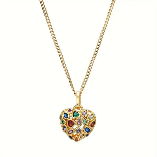 Stainless Heart Rhinestone Necklace - 18K Gold Plated