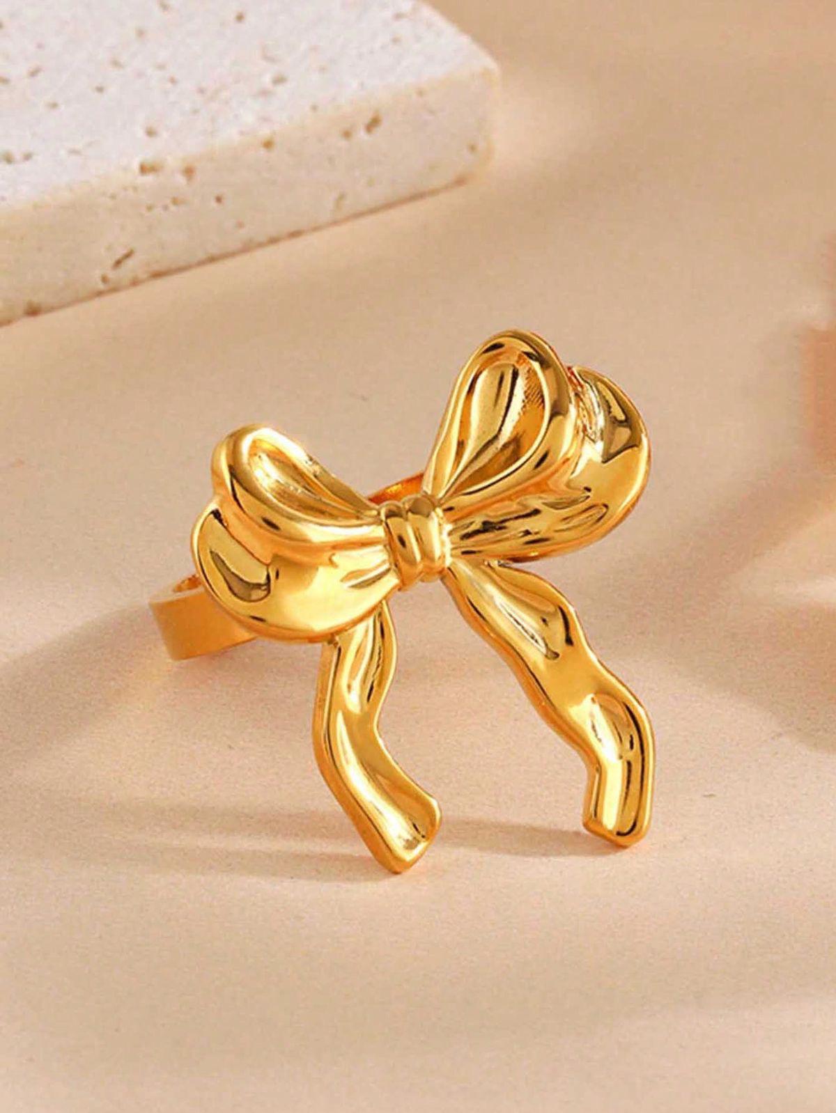 18k Gold Plated Stainless Steel Bow Ring - Adjustable - Glamoria