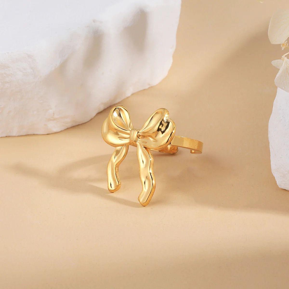 18k Gold Plated Stainless Steel Bow Ring - Adjustable - Glamoria