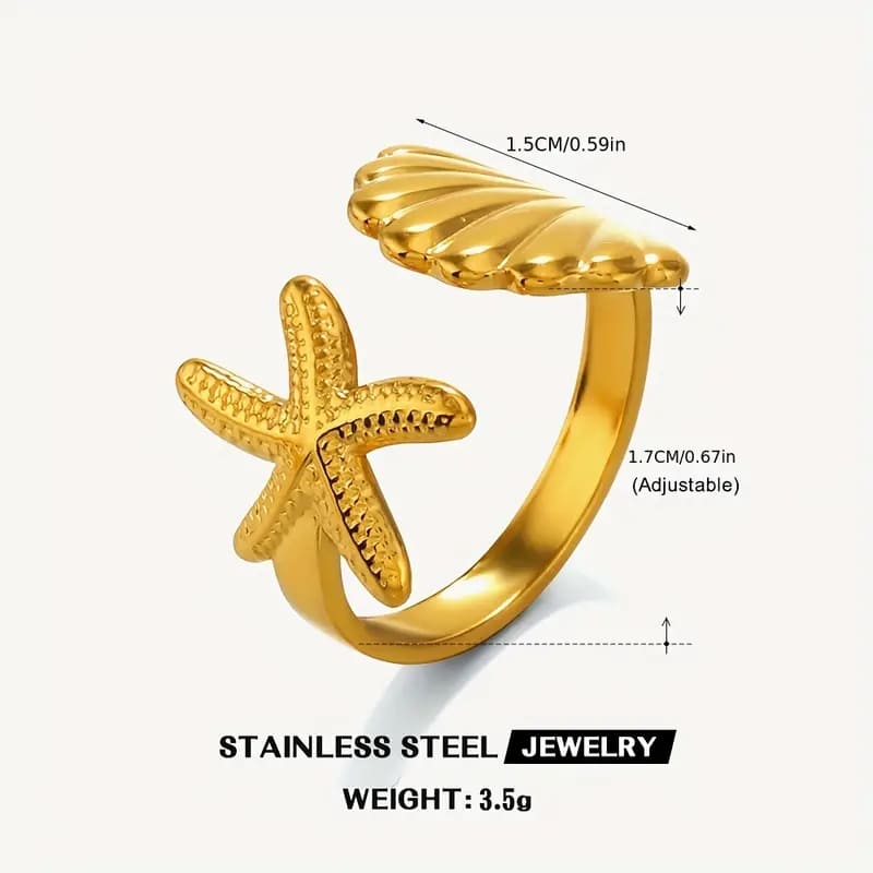 Ocean Breeze Starfish & Shell Ring – 18K Gold Plated Stainless Steel