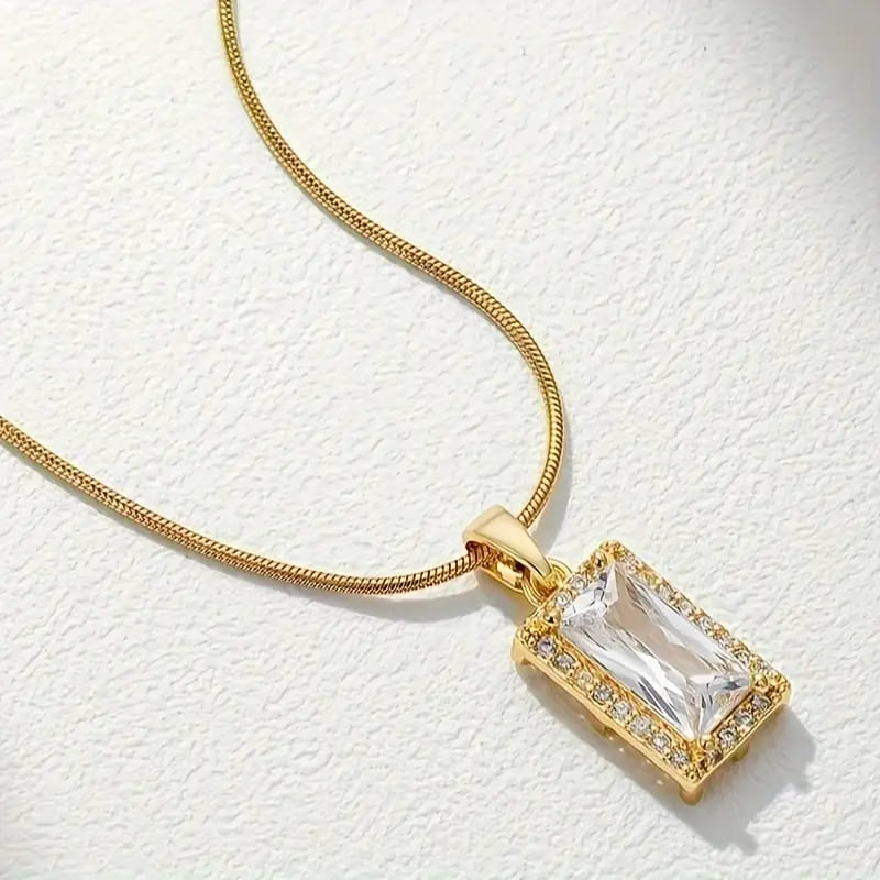 Stainless Steel Rectangle Zirconia Necklace - 18K Gold Plated