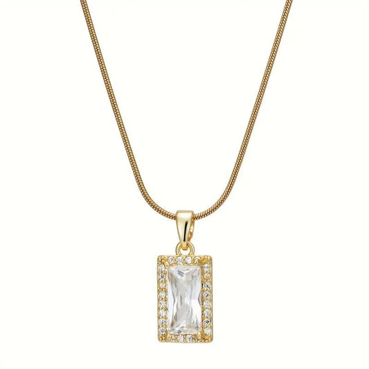 Stainless Steel Rectangle Zirconia Necklace - 18K Gold Plated