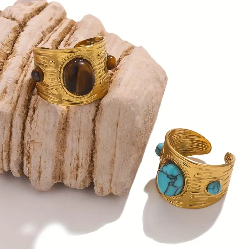 Vintage Turquoise Trio Ring – 18K Gold Plated Stainless Steel