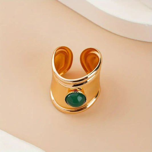 Vintage Green Stone 24K Gold-Plated Ring