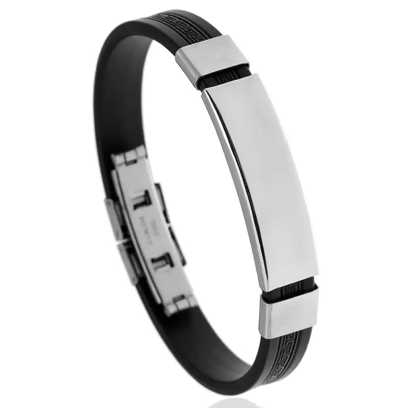 Black Silicone Wristband Bracelet with Stainless Steel Accent - Glamoria