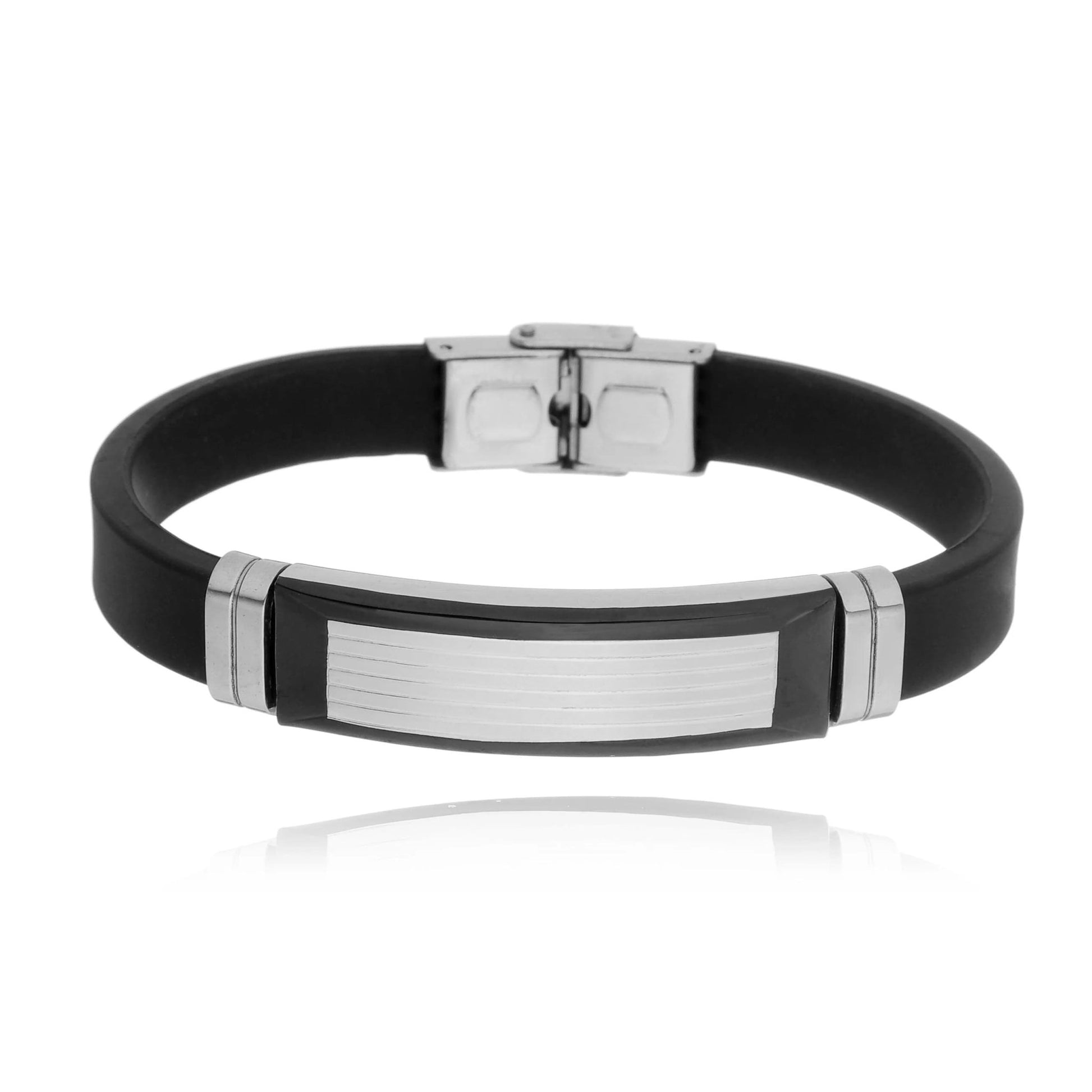 Black Silicone Wristband Bracelet with Stainless Steel Accent - Glamoria