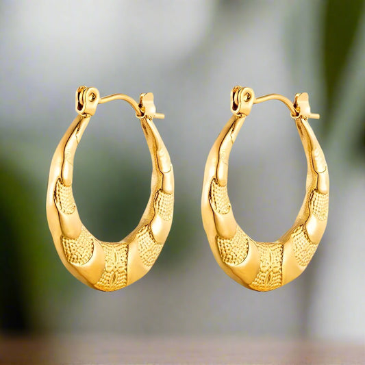 Golden Wave Textured Hoops-18K