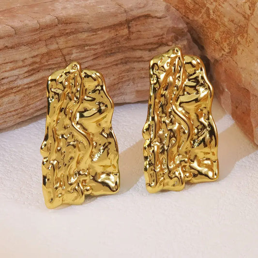 Golden Pleat Rectangular Stud Earrings